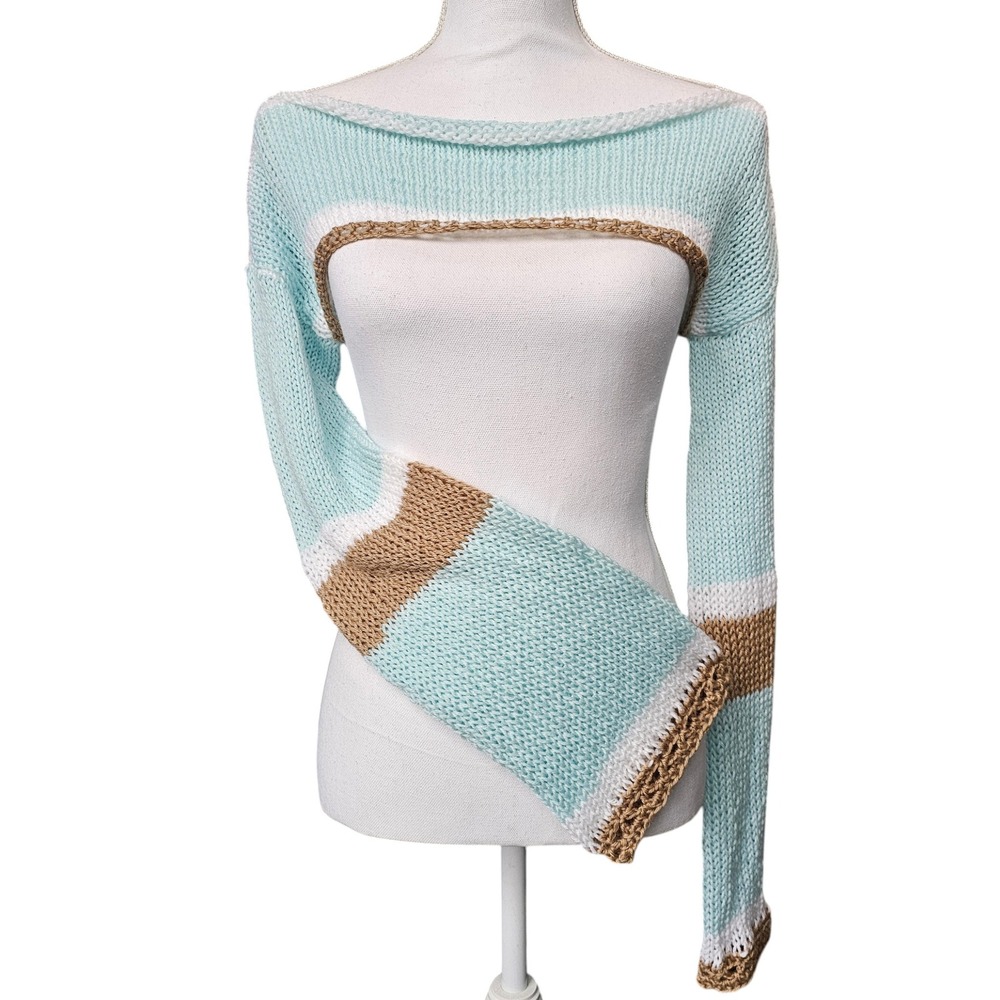 Handmade Knit Shrug | Blue Stripe Bell Sleeve Bolero | Coastal Boho Layering Top